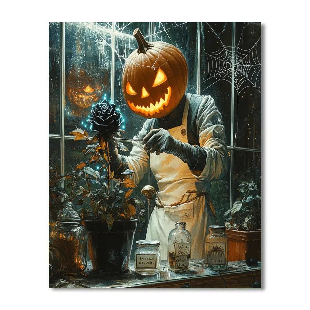 Pumpkin Botanist In A Halloween Greenhouse DIY paint by numbers
