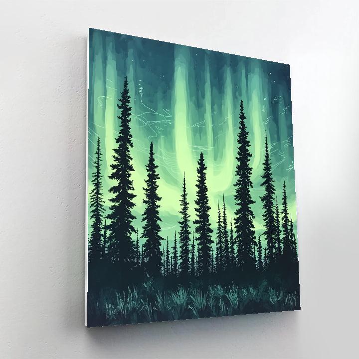 Leonardo Da Vinci Inspired Aurora Over Silent Pines paint by numbers