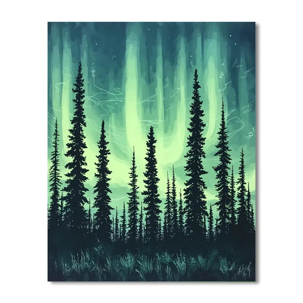 Leonardo Da Vinci Inspired Aurora Over Silent Pines paint by numbers