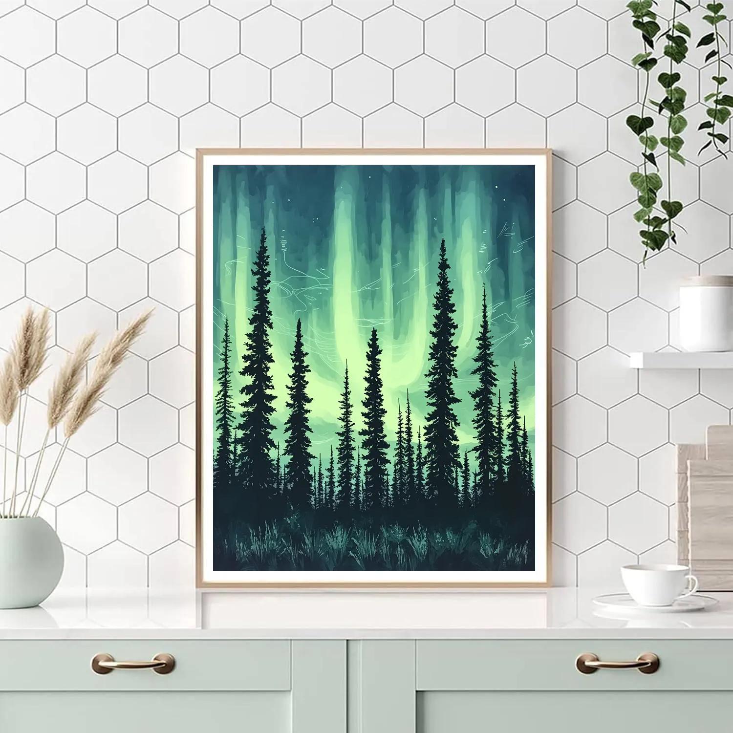 Leonardo Da Vinci Inspired Aurora Over Silent Pines paint by numbers