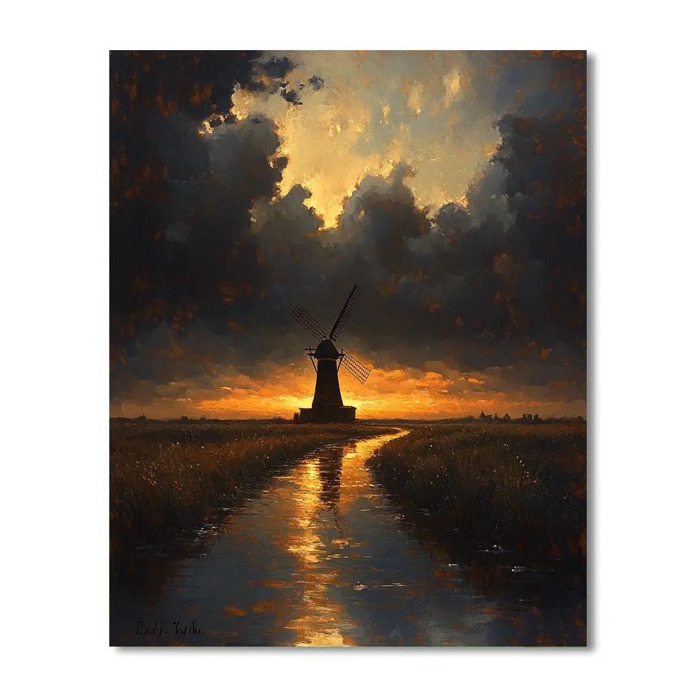 Rembrandt Inspired Windmill Silhouette With Ember Horizon Number painting