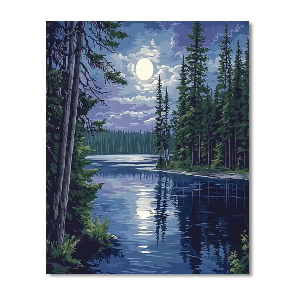 J. E. H. MacDonald Inspired Moonlit Pines Around Quiet Lake Number painting