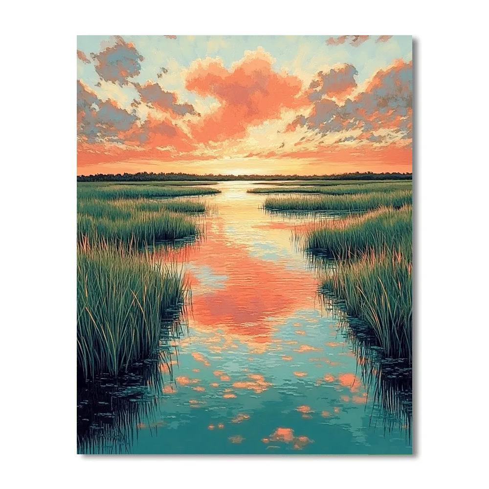 Claude Monet Inspired Marsh Sunset Rose Glow paint by numbers