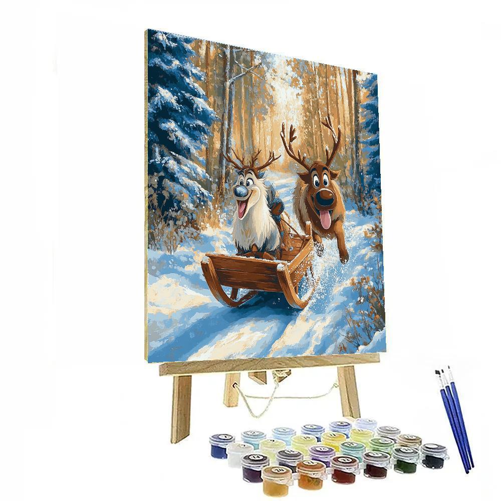 Kristoff And Sven Snowy Forest Sled Dash Disney Inspired Paint by numbers art