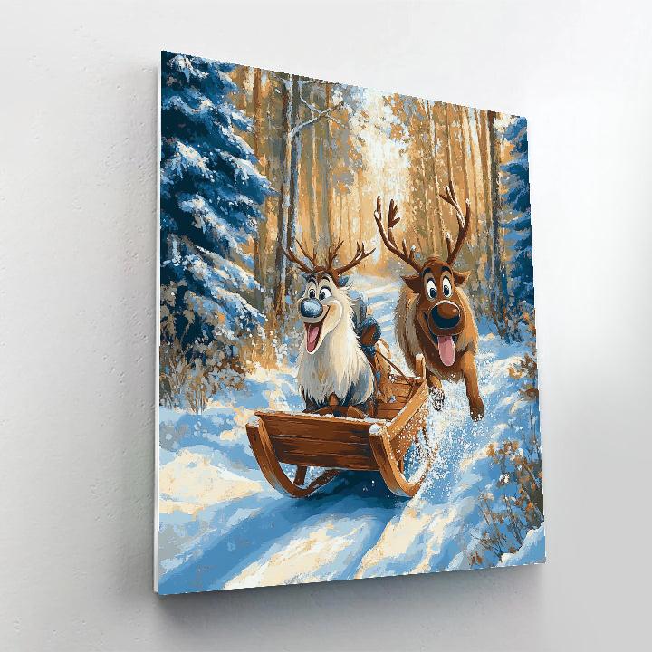 Kristoff And Sven Snowy Forest Sled Dash Disney Inspired Paint by numbers art
