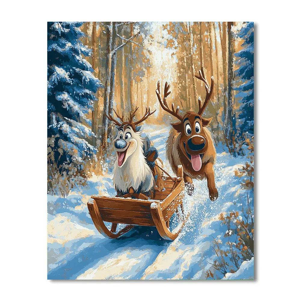 Kristoff And Sven Snowy Forest Sled Dash Disney Inspired Paint by numbers art