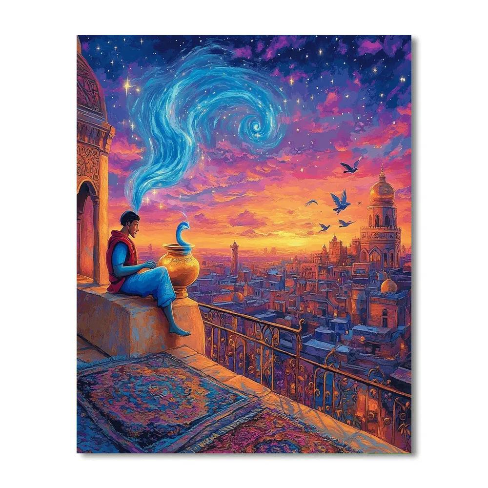 Aladdin And Genie Rooftop Wish Sunset Disney Inspired Paint by numbers art