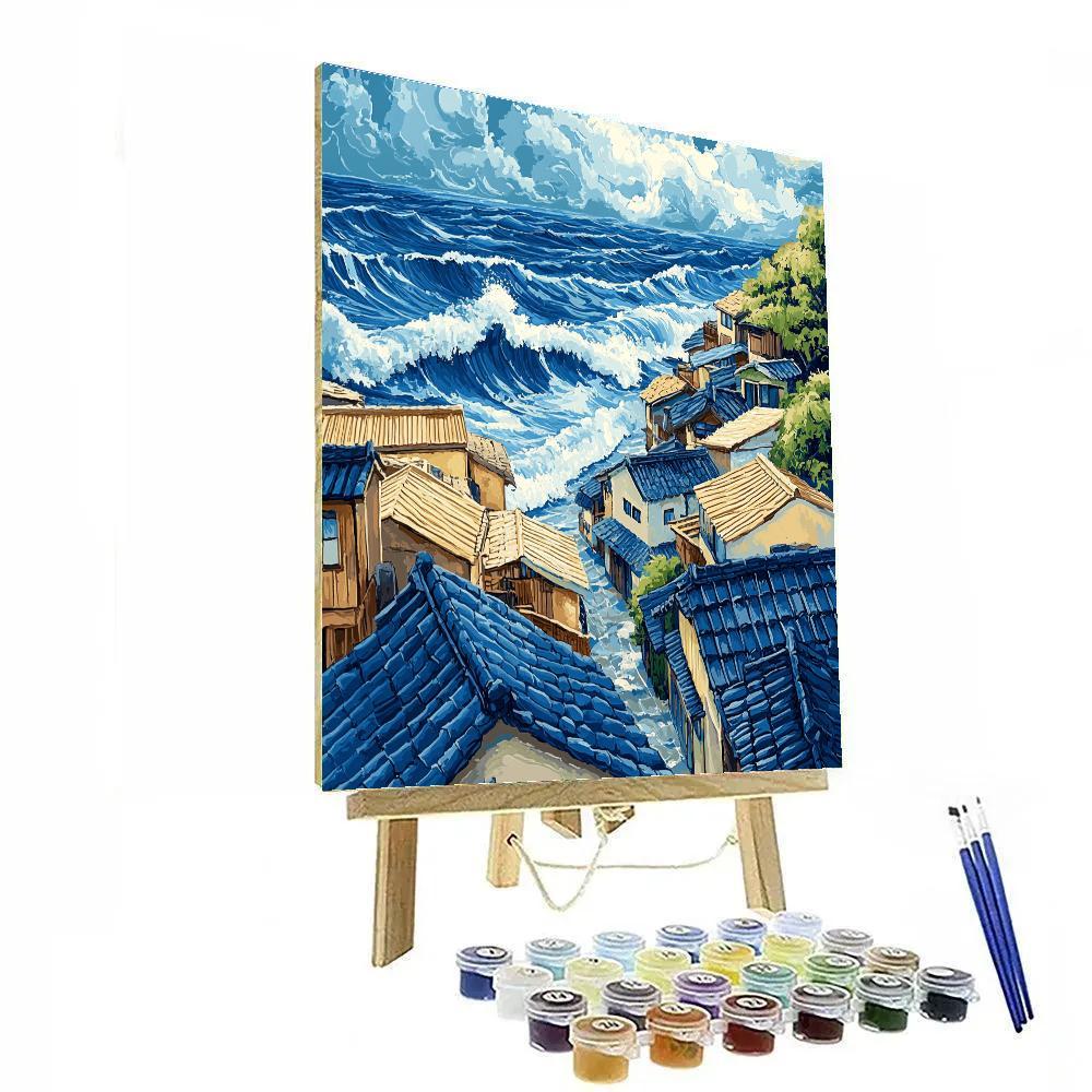 Hokusai Inspired Fishing Village paint by numbers