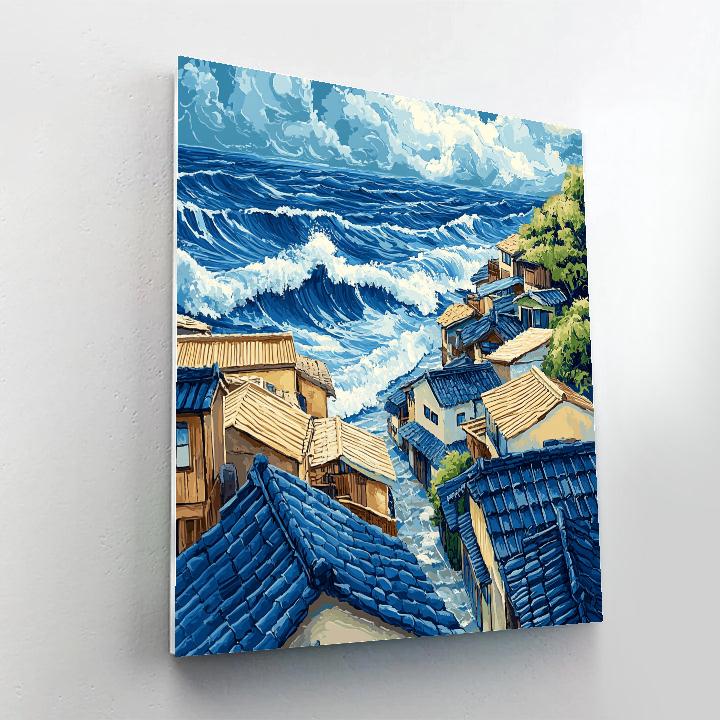 Hokusai Inspired Fishing Village paint by numbers