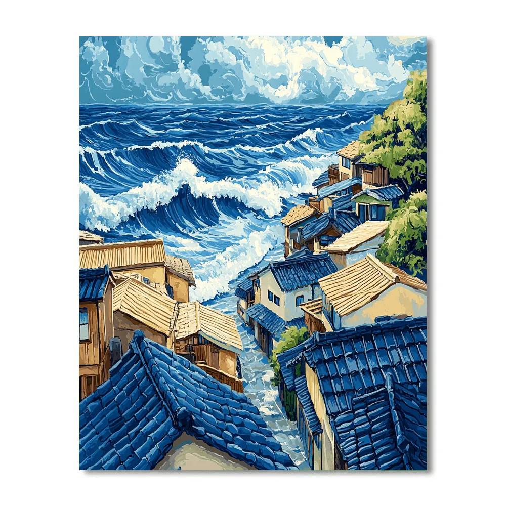 Hokusai Inspired Fishing Village paint by numbers