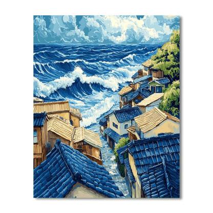 Hokusai Inspired Fishing Village paint by numbers