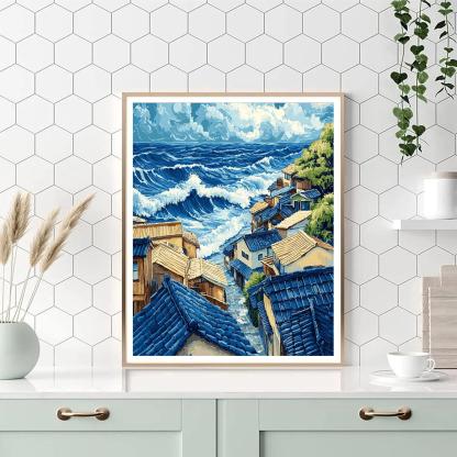 Hokusai Inspired Fishing Village paint by numbers