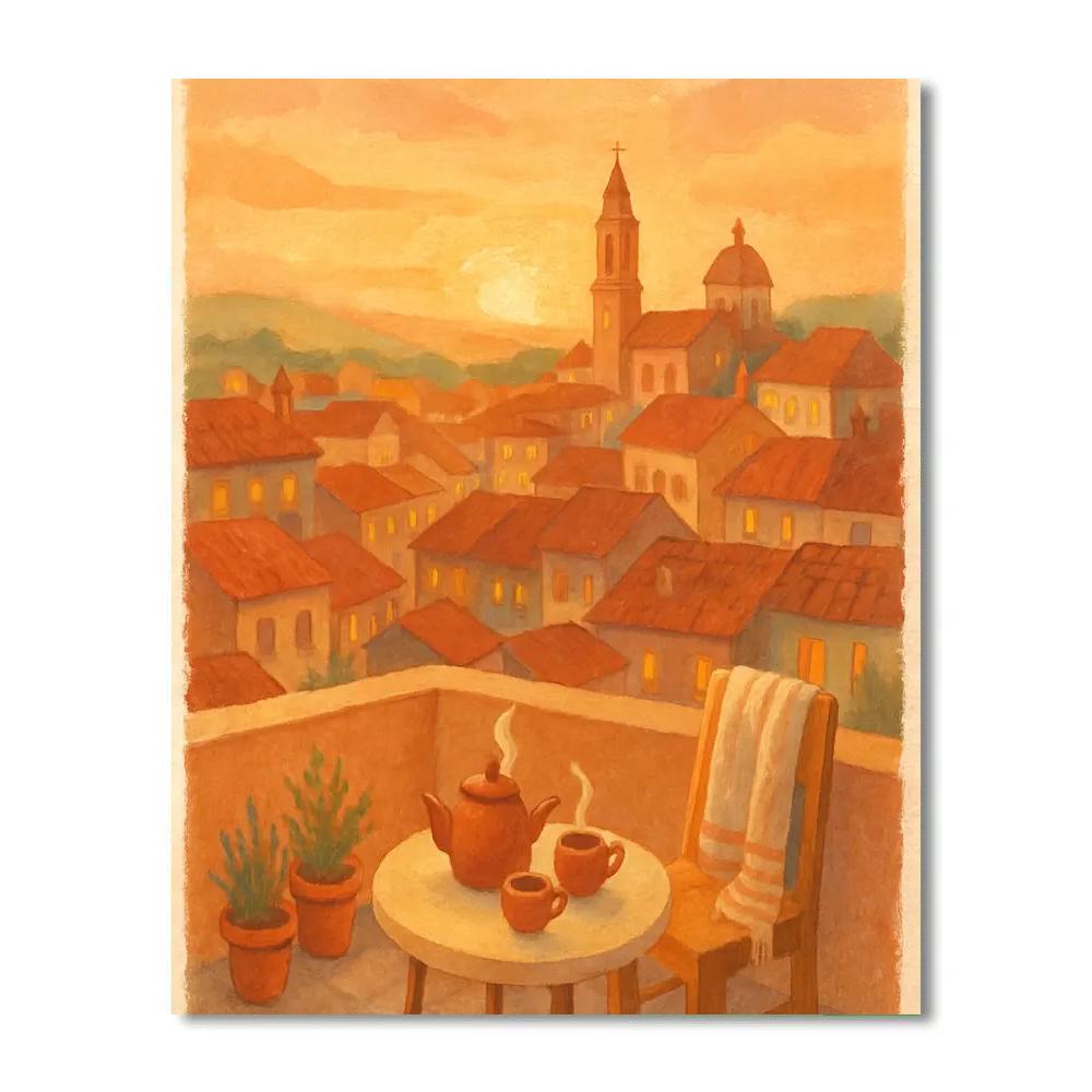 Golden Hour Rooftop Tea Above The Old Town painting number kit