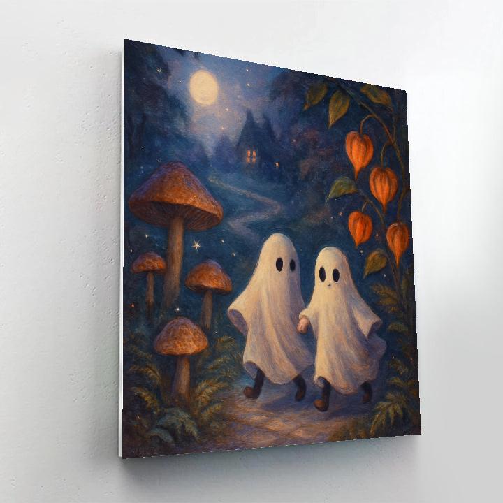 Moonlit Mushroom Garden With Friendly Ghosts Number painting