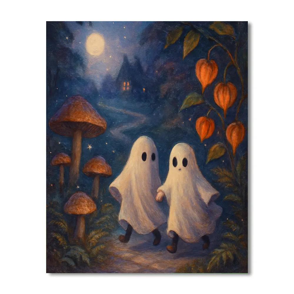 Moonlit Mushroom Garden With Friendly Ghosts Number painting