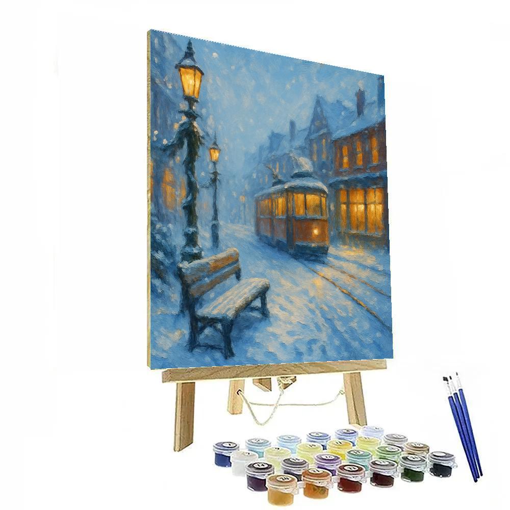 Snowy Tramway Through A Cozy Winter District Painting by numbers kit