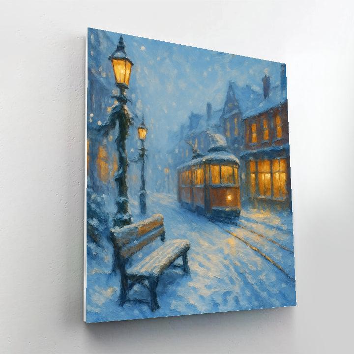 Snowy Tramway Through A Cozy Winter District Painting by numbers kit