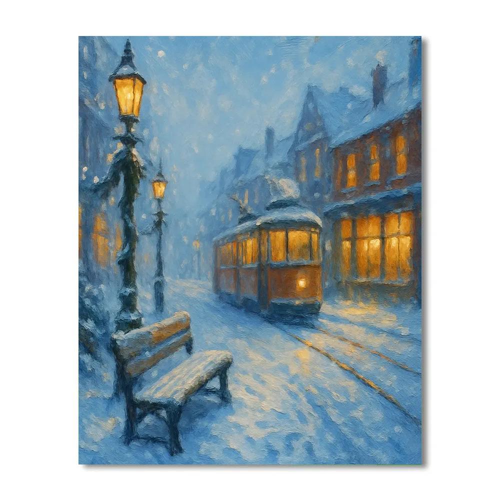 Snowy Tramway Through A Cozy Winter District Painting by numbers kit