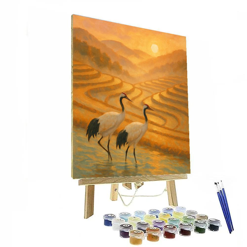 Sunrise Cranes Over The Amber Rice Terrace Number painting