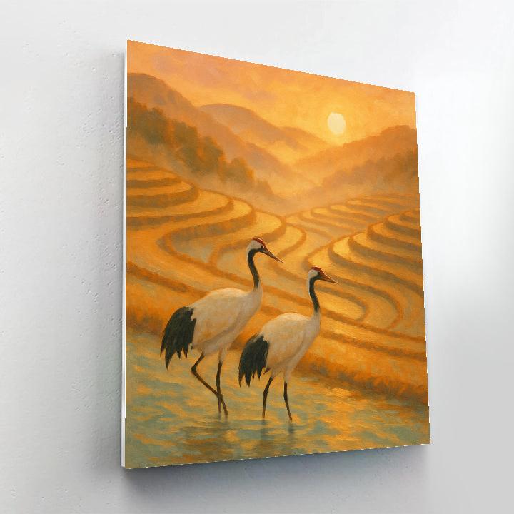 Sunrise Cranes Over The Amber Rice Terrace Number painting