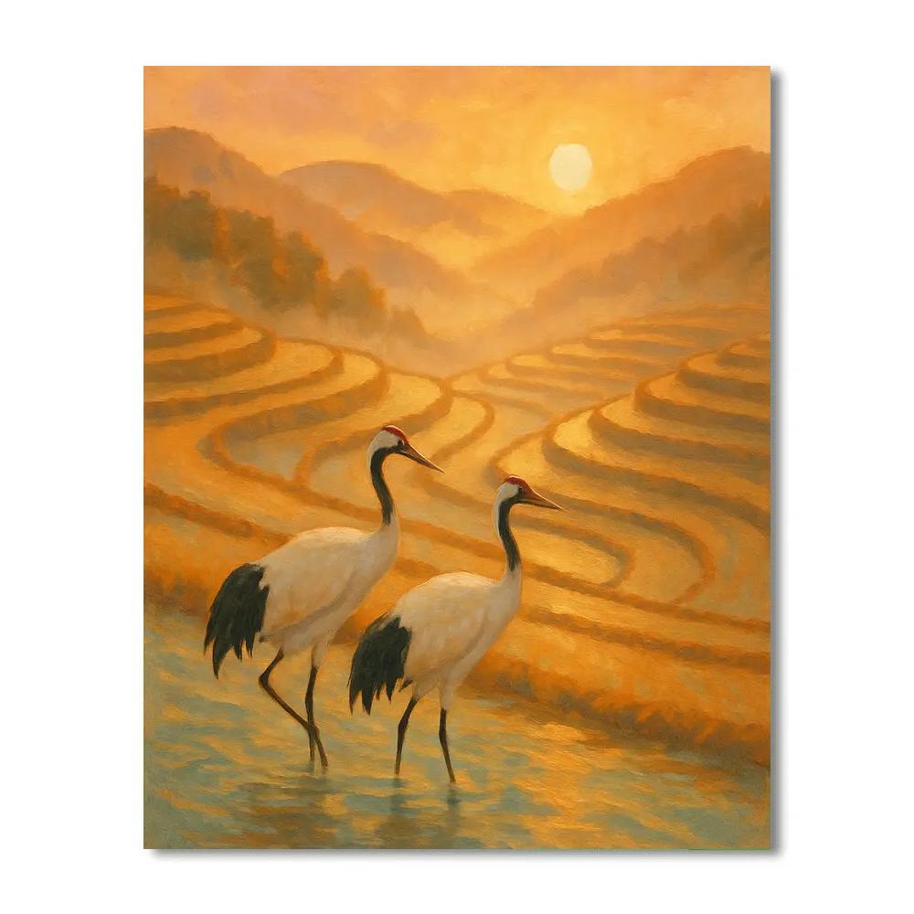 Sunrise Cranes Over The Amber Rice Terrace Number painting