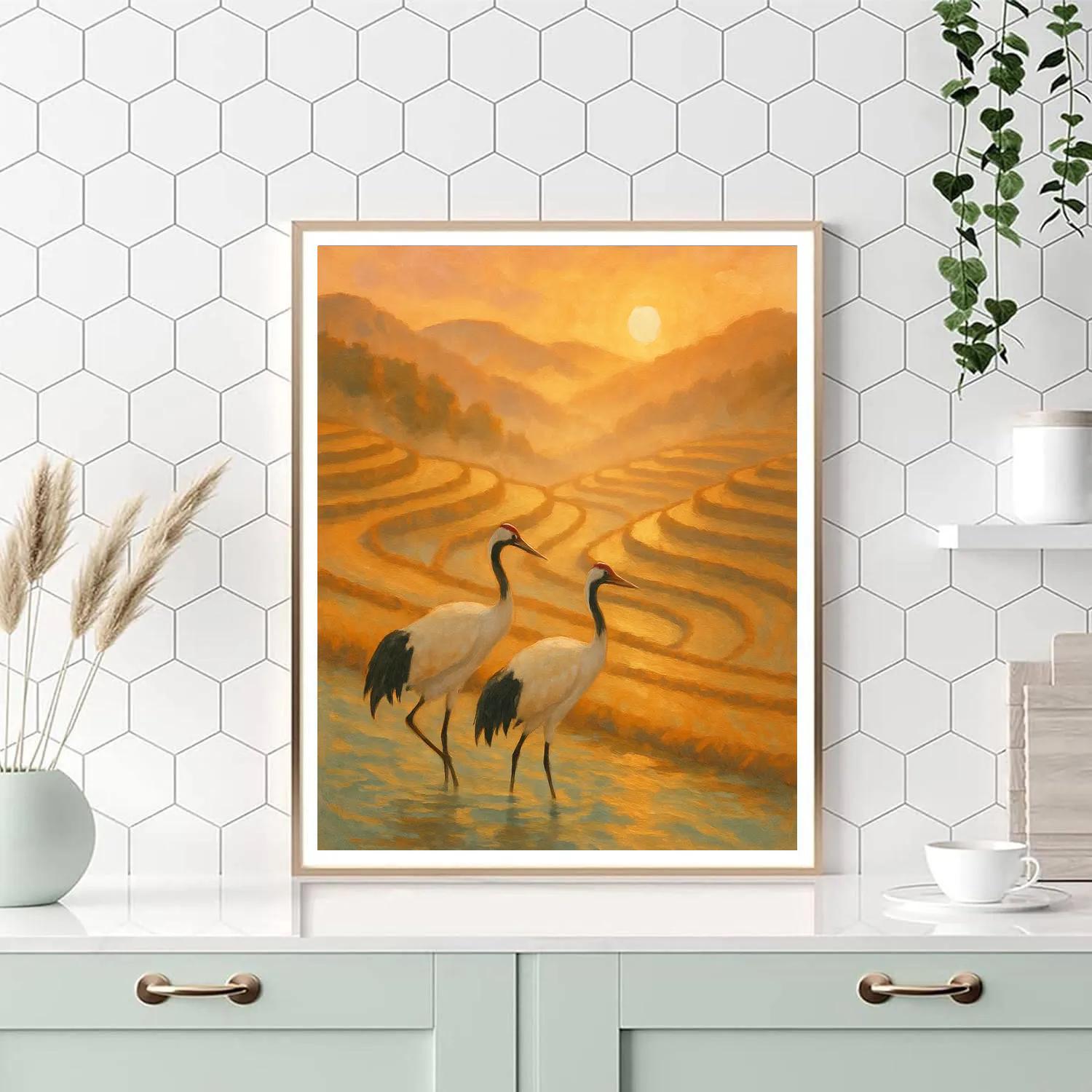 Sunrise Cranes Over The Amber Rice Terrace Number painting