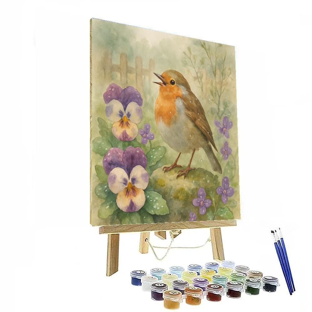Garden Robin Among Rain Washed Pansies painting number kit
