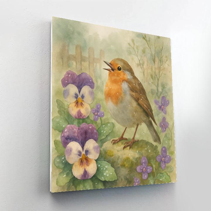 Garden Robin Among Rain Washed Pansies painting number kit