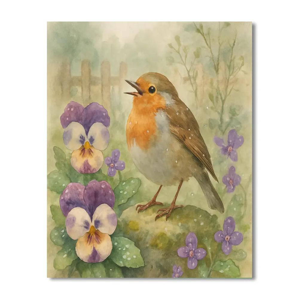 Garden Robin Among Rain Washed Pansies painting number kit
