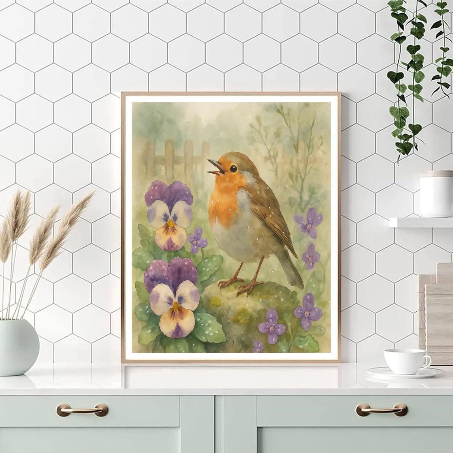 Garden Robin Among Rain Washed Pansies painting number kit