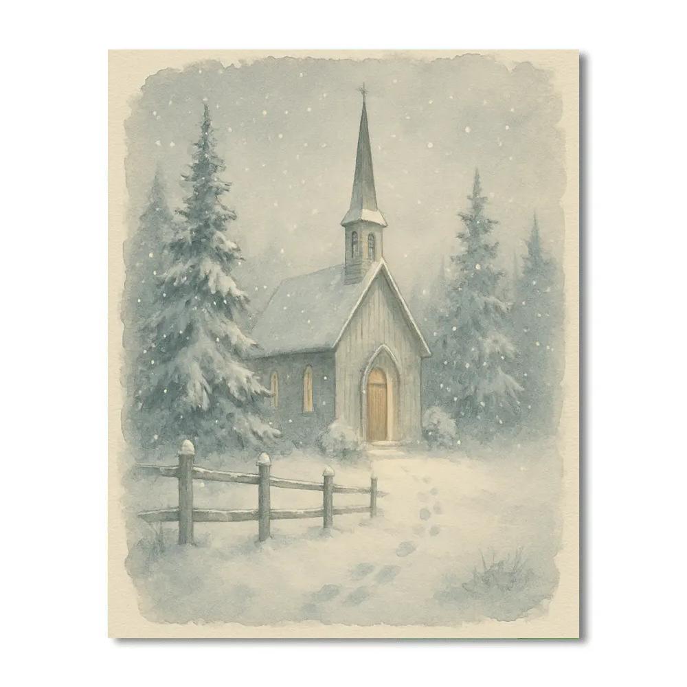 Quiet Country Church Beneath Snowfall Veil Painting by numbers kit