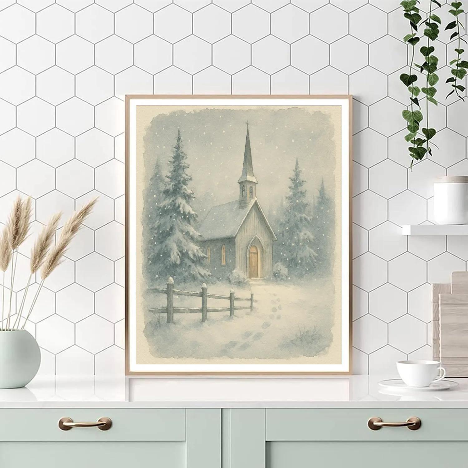 Quiet Country Church Beneath Snowfall Veil Painting by numbers kit