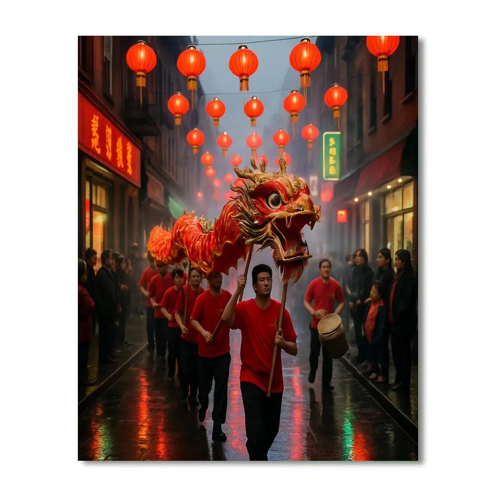 Lunar New Year Dragon Dance Chinatown Rain Painting by numbers kit