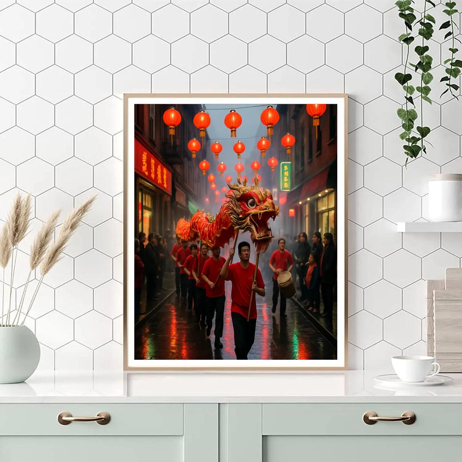 Lunar New Year Dragon Dance Chinatown Rain Painting by numbers kit