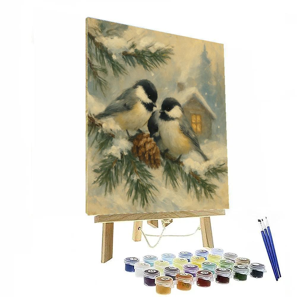 Snowy Pine Chickadees And The Warm Window Glow Numbered painting kits