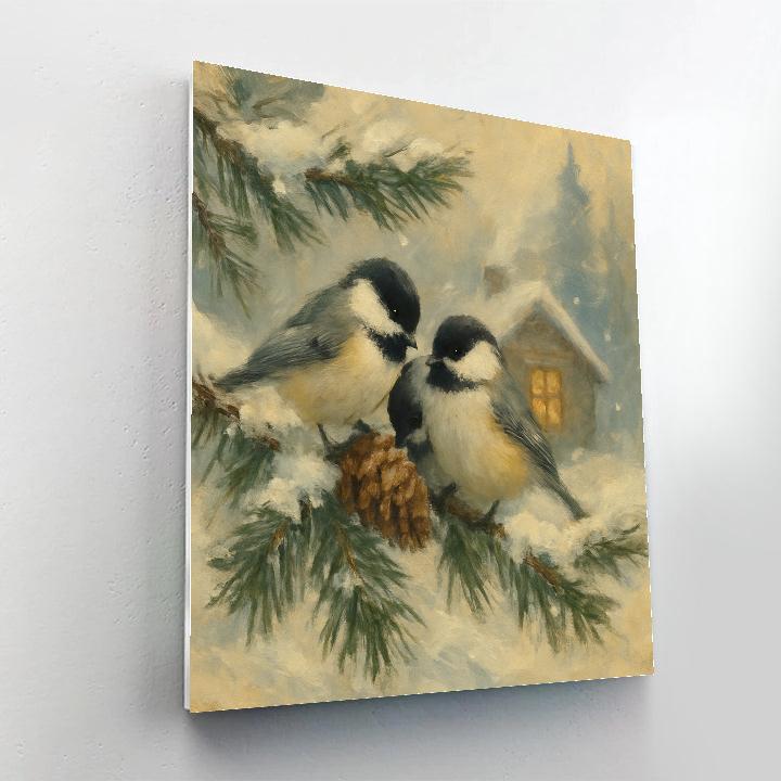 Snowy Pine Chickadees And The Warm Window Glow Numbered painting kits