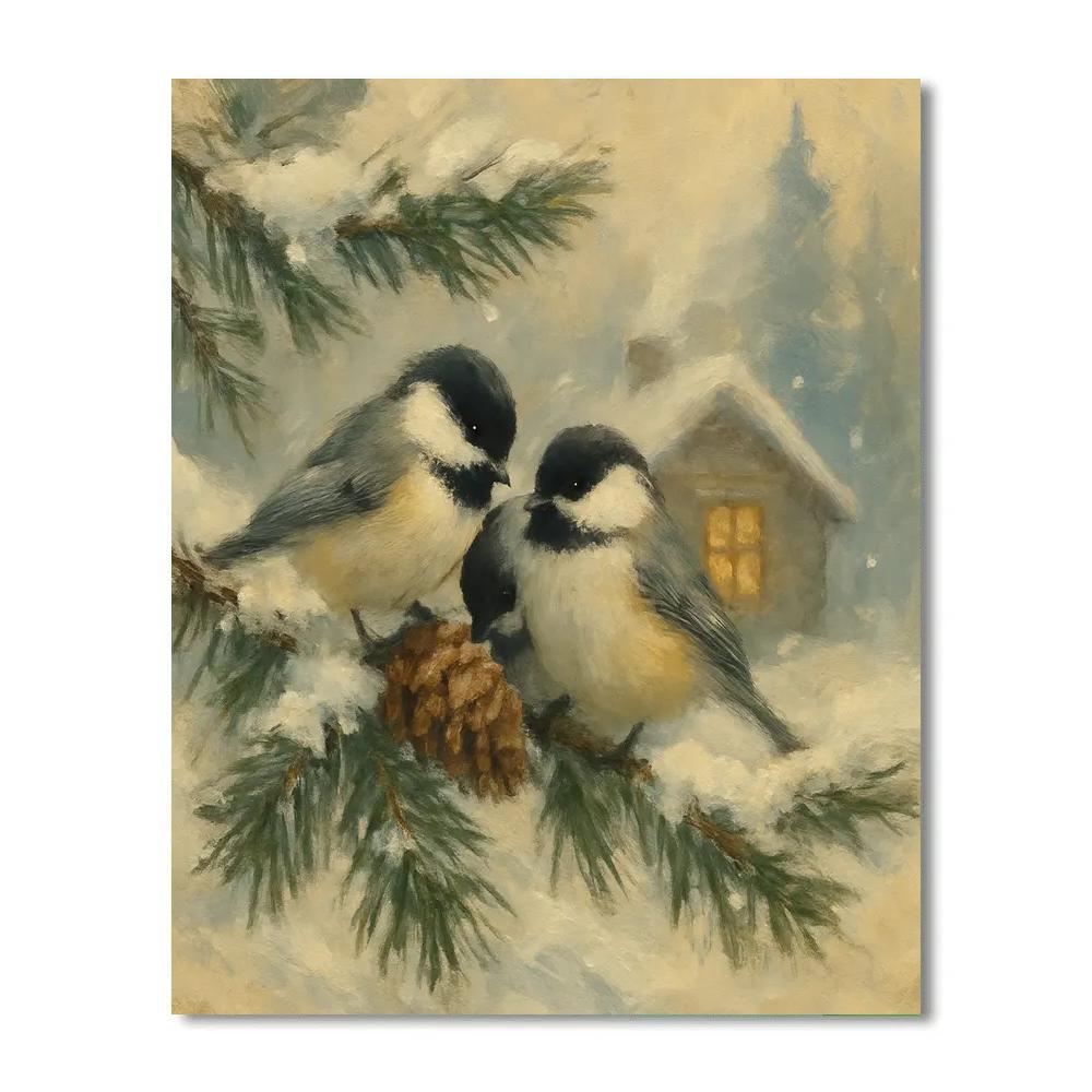 Snowy Pine Chickadees And The Warm Window Glow Numbered painting kits