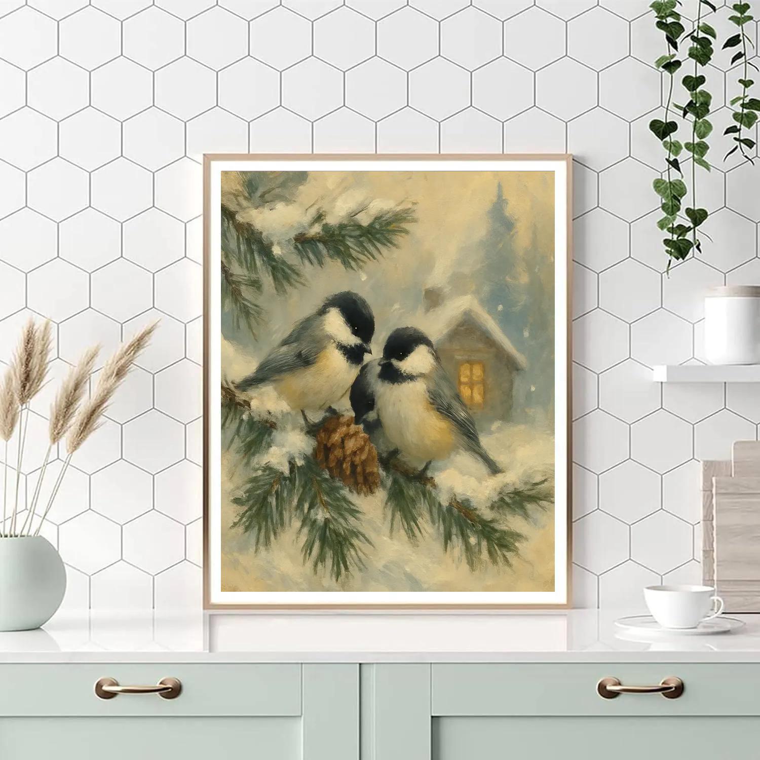 Snowy Pine Chickadees And The Warm Window Glow Numbered painting kits