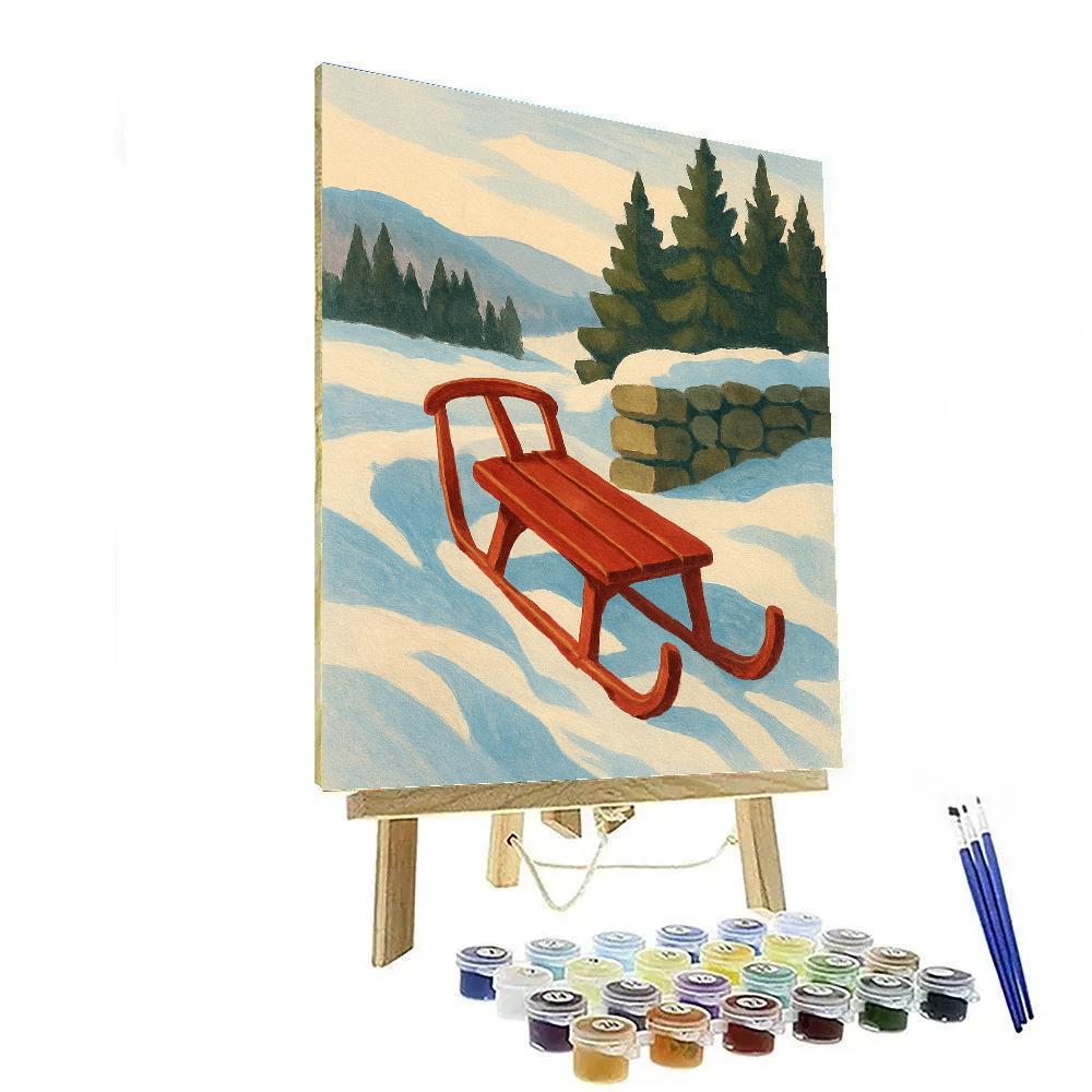 Red Sled By The Snowdrift Stone Wall Painting by numbers kit