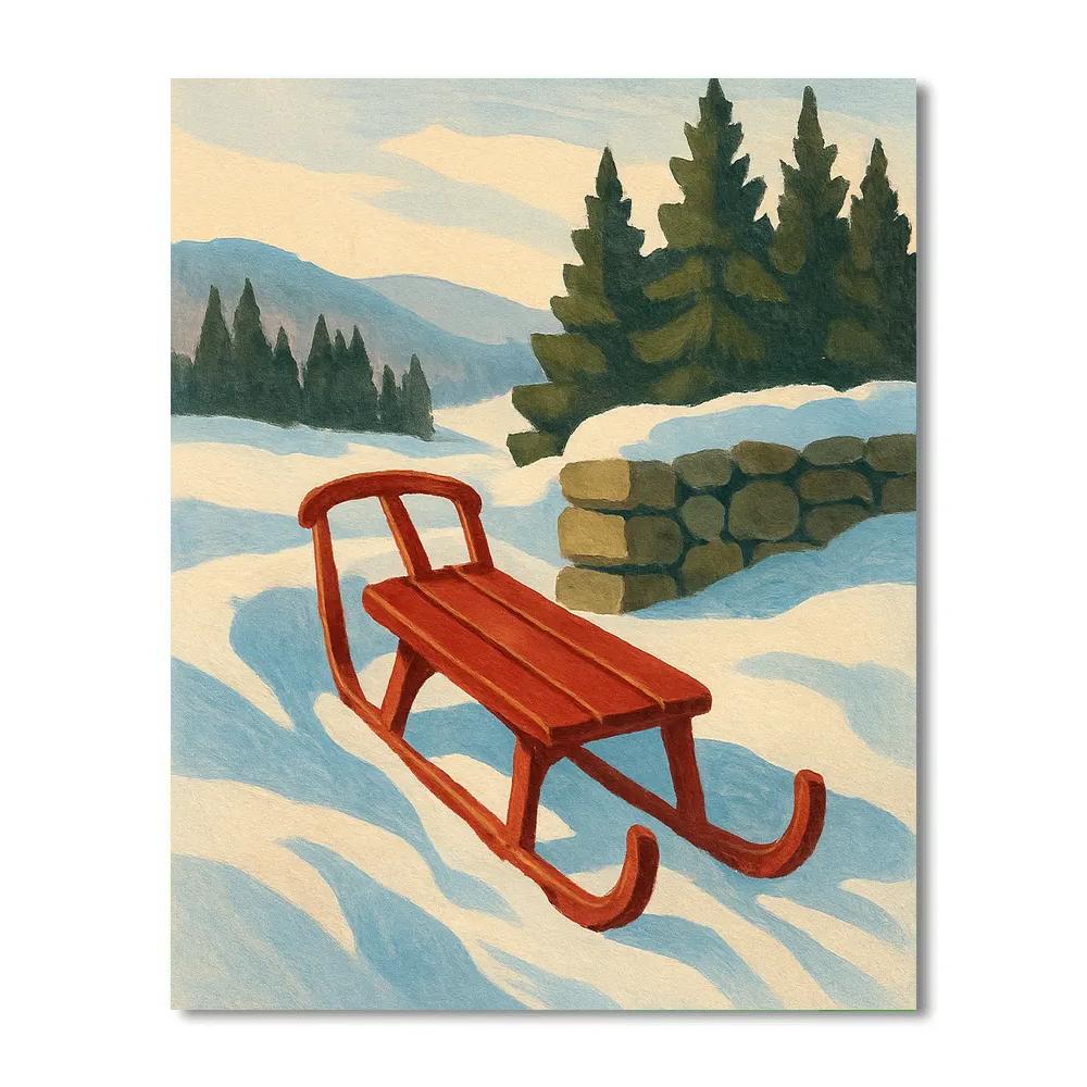 Red Sled By The Snowdrift Stone Wall Painting by numbers kit