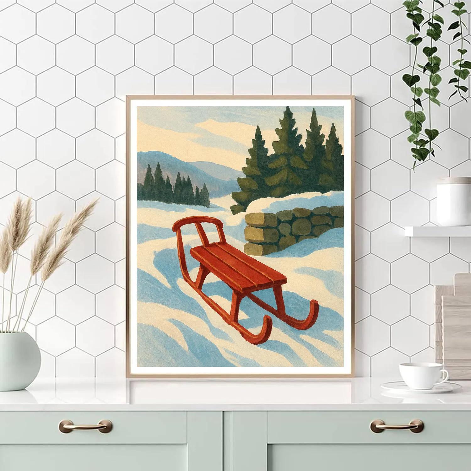 Red Sled By The Snowdrift Stone Wall Painting by numbers kit