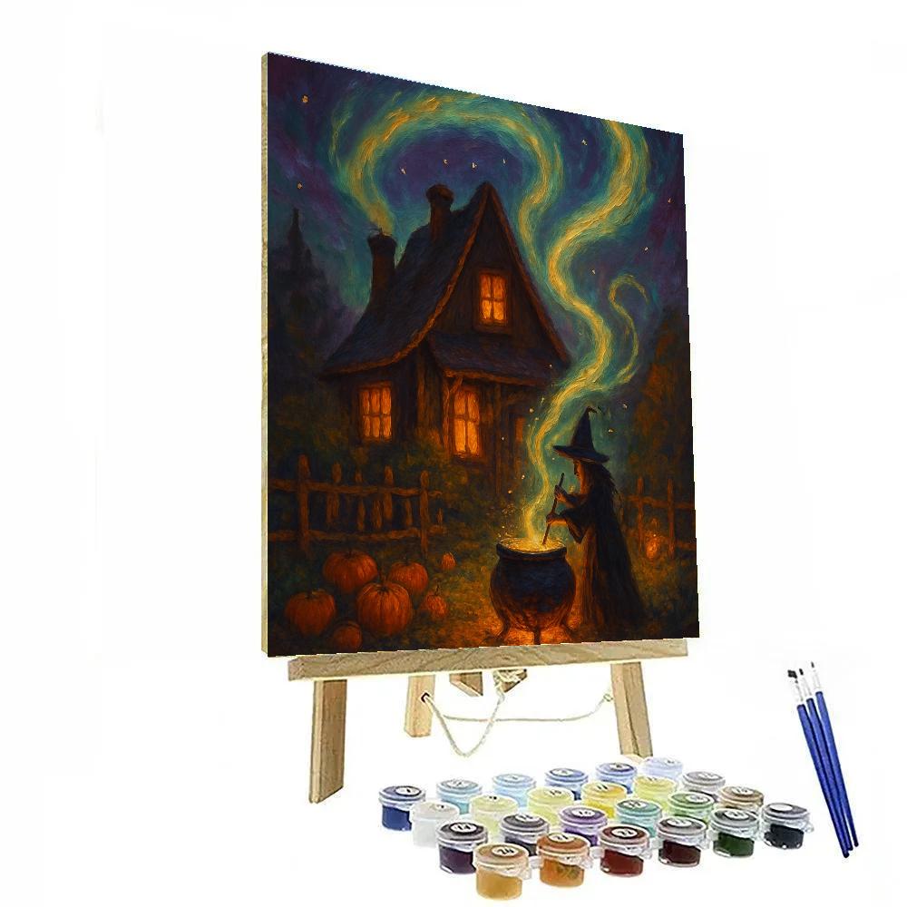 Witchs Cottage Under A Harvest Aurora Painting by numbers kit