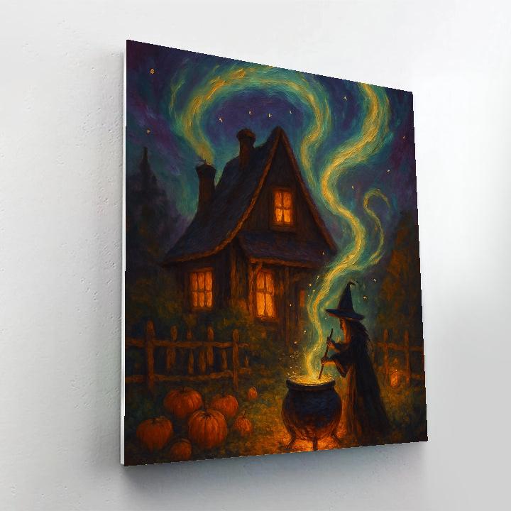 Witchs Cottage Under A Harvest Aurora Painting by numbers kit