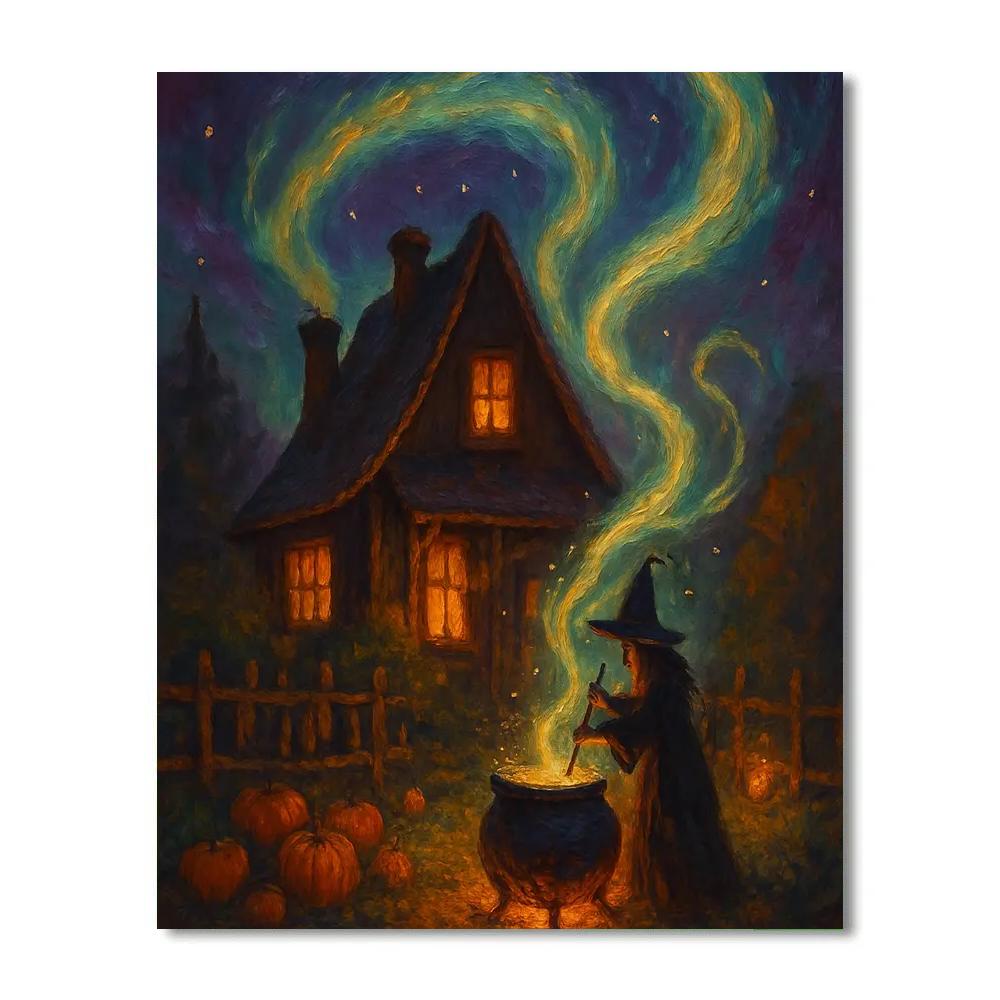 Witchs Cottage Under A Harvest Aurora Painting by numbers kit