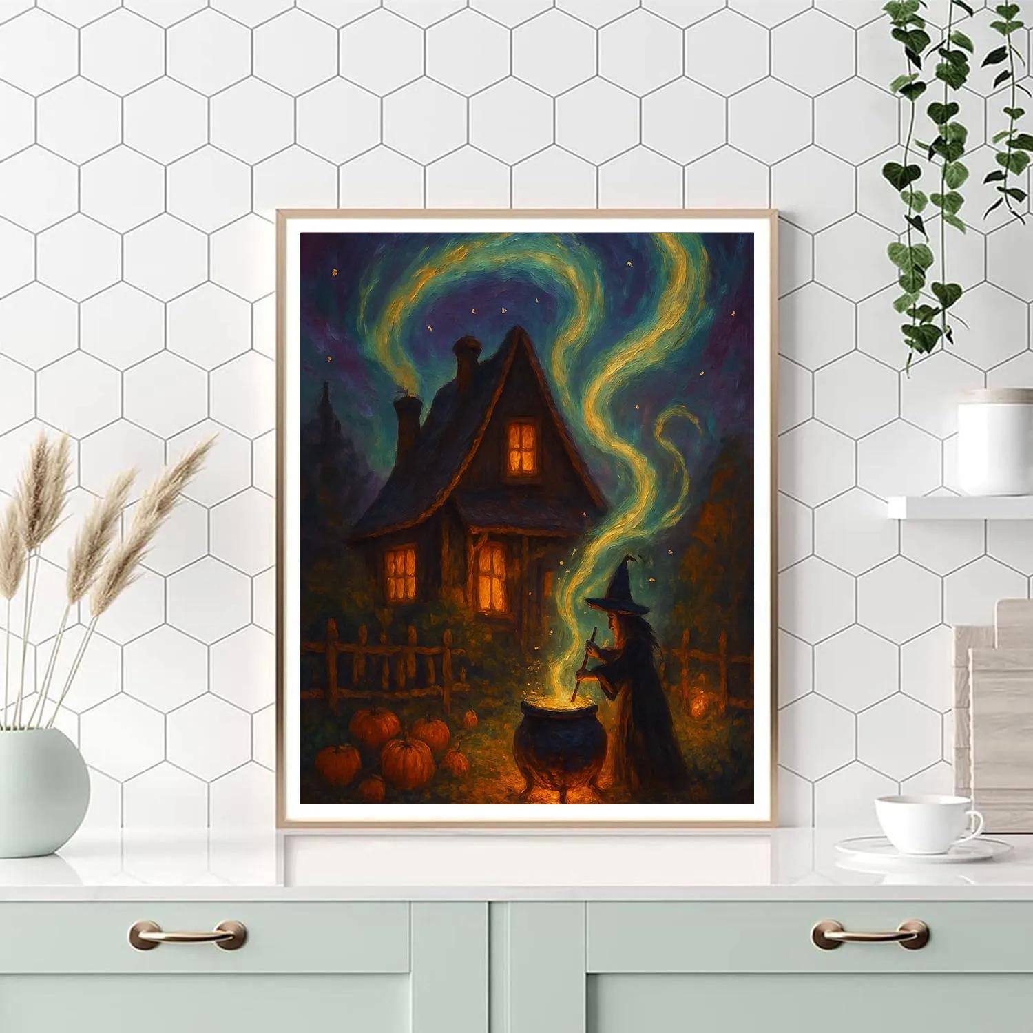 Witchs Cottage Under A Harvest Aurora Painting by numbers kit