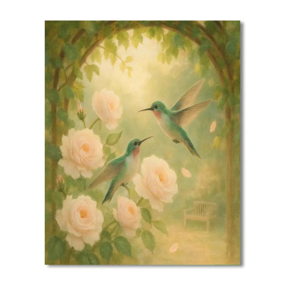 Hummingbirds At The Tea Rose Arbor paint by numbers