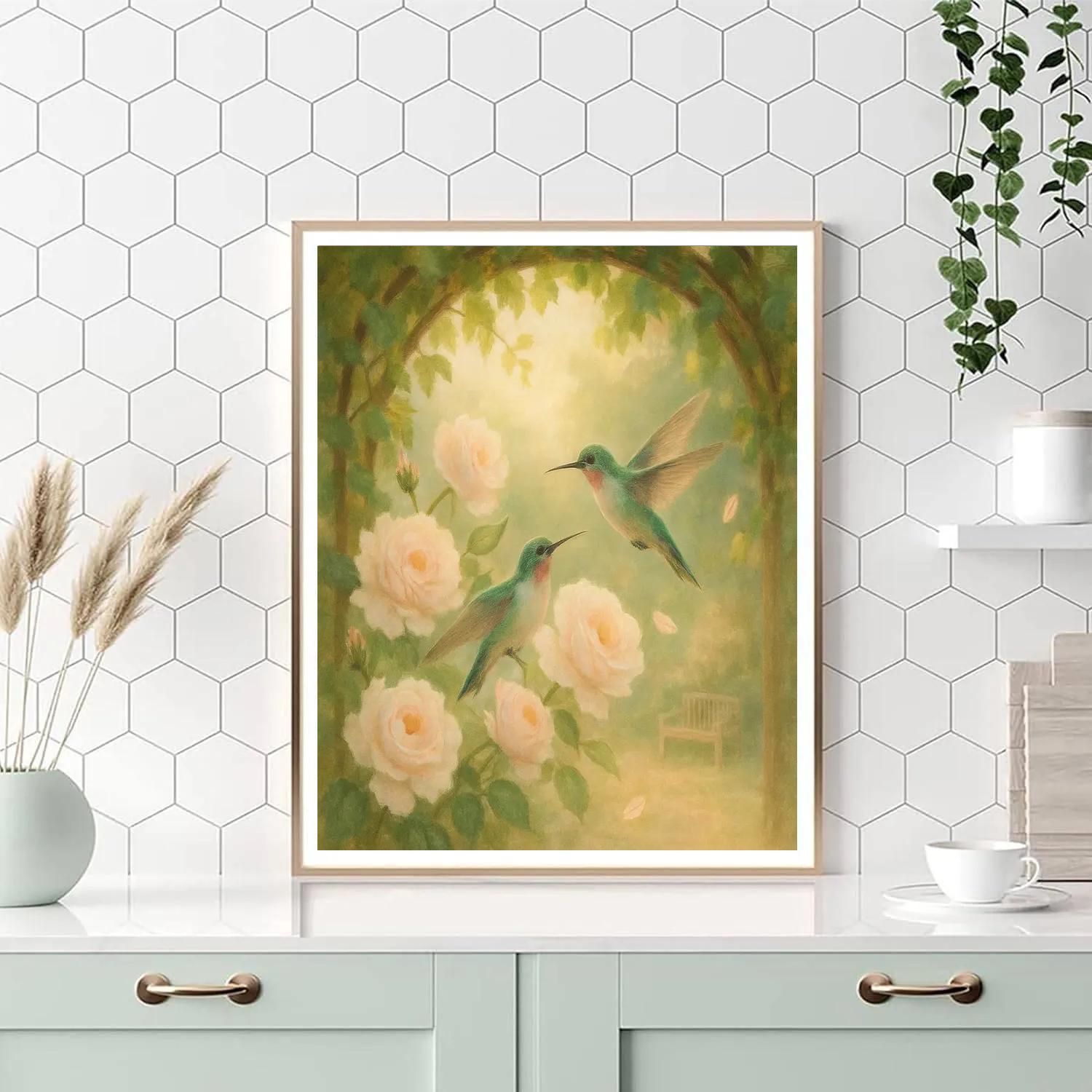 Hummingbirds At The Tea Rose Arbor paint by numbers