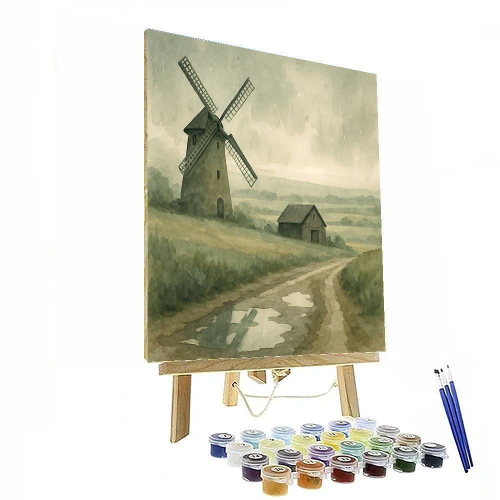 Countryside Windmill Under Soft Rain Painting by numbers kit