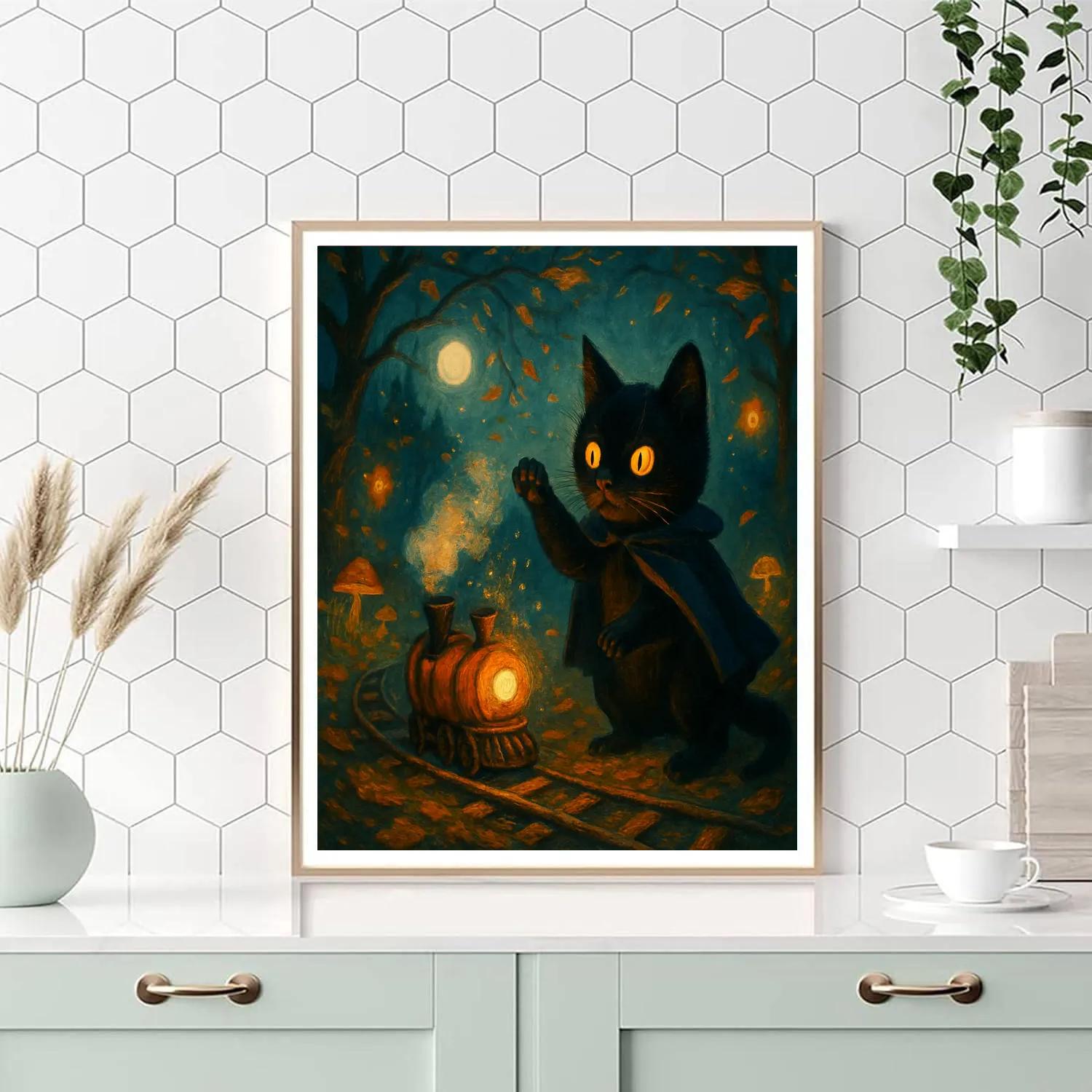 Black Cat Conductor Of The Pumpkin Train Numbered painting kits