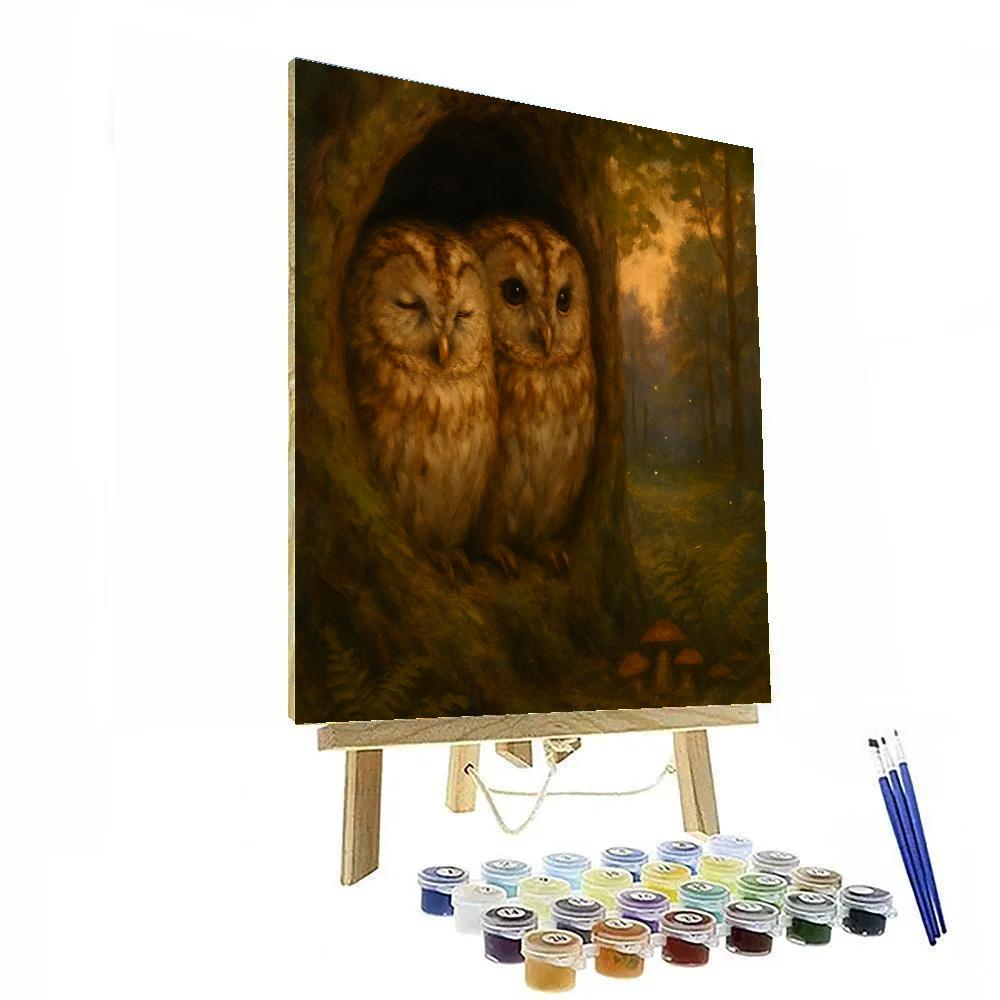 Owls In The Mossy Hollow At Dusk paint by color